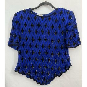 VTG Laurence Kazar‎ Blue 100% Silk Blouse Black Beads Sequins Size PL FLAW